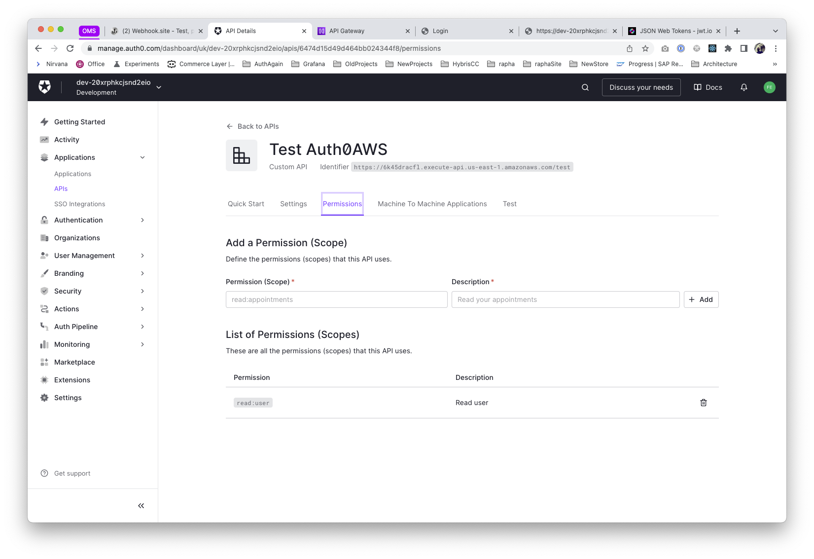 Auth0 API configuration - permissions