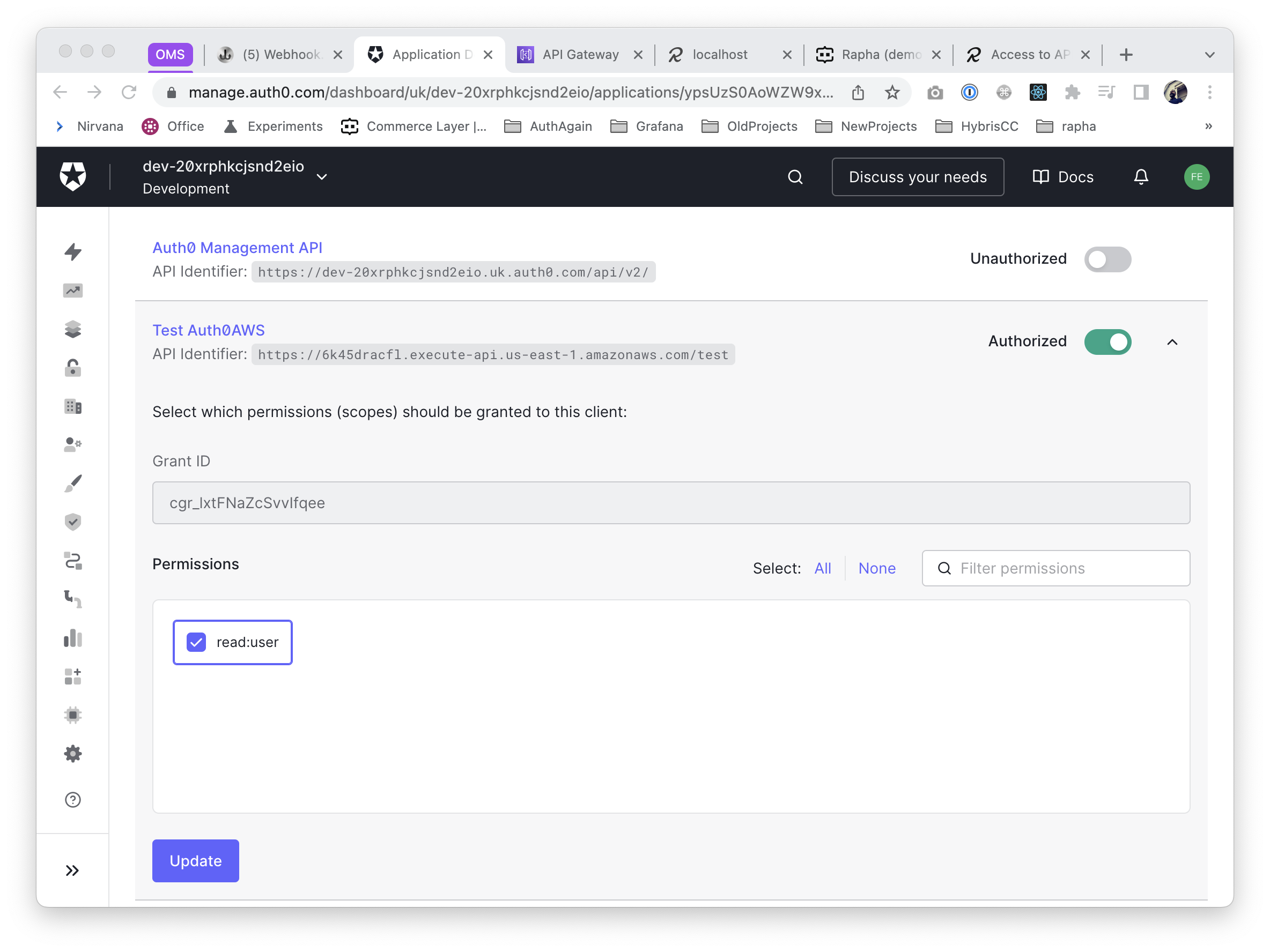 Auth0 App configuration - permissions - scopes