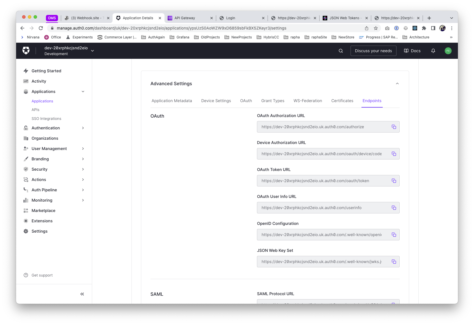 Auth0 App configuration - settings - adv
