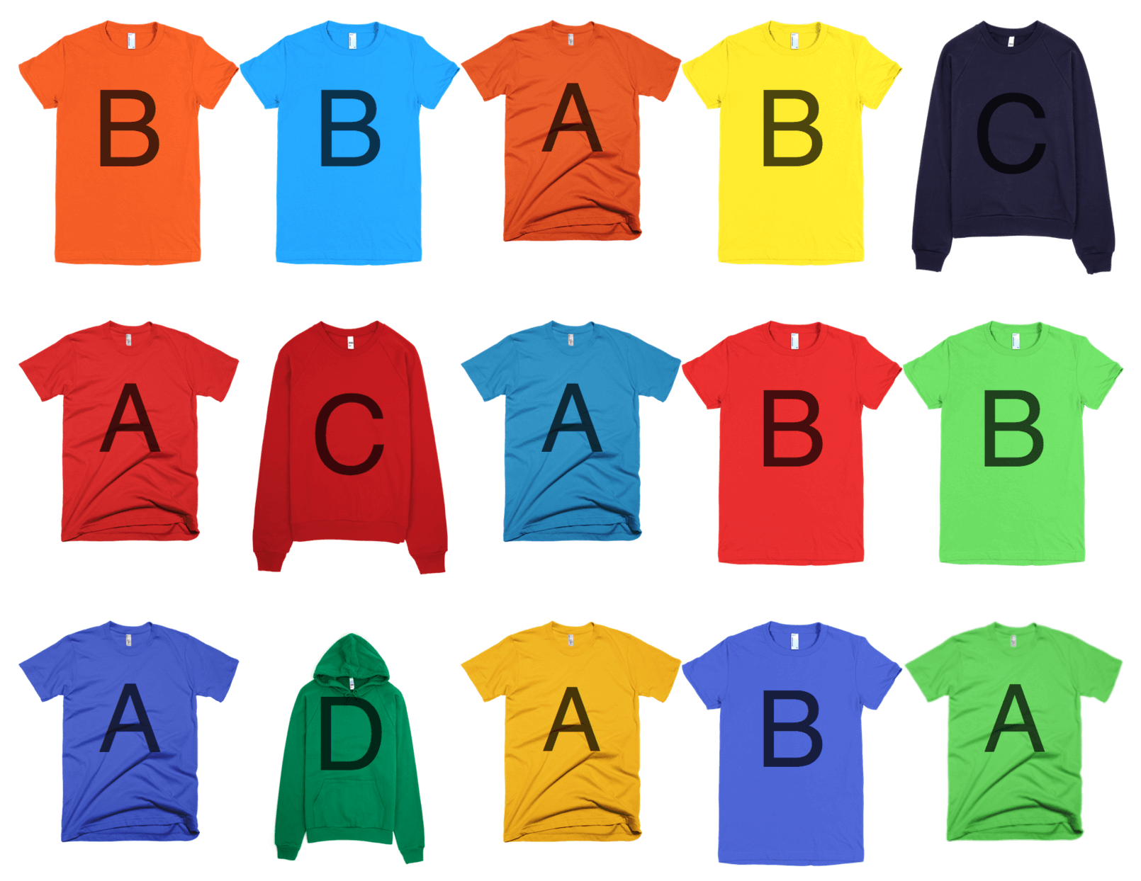 Two t-shirt and two sweatshirt skus in several variants