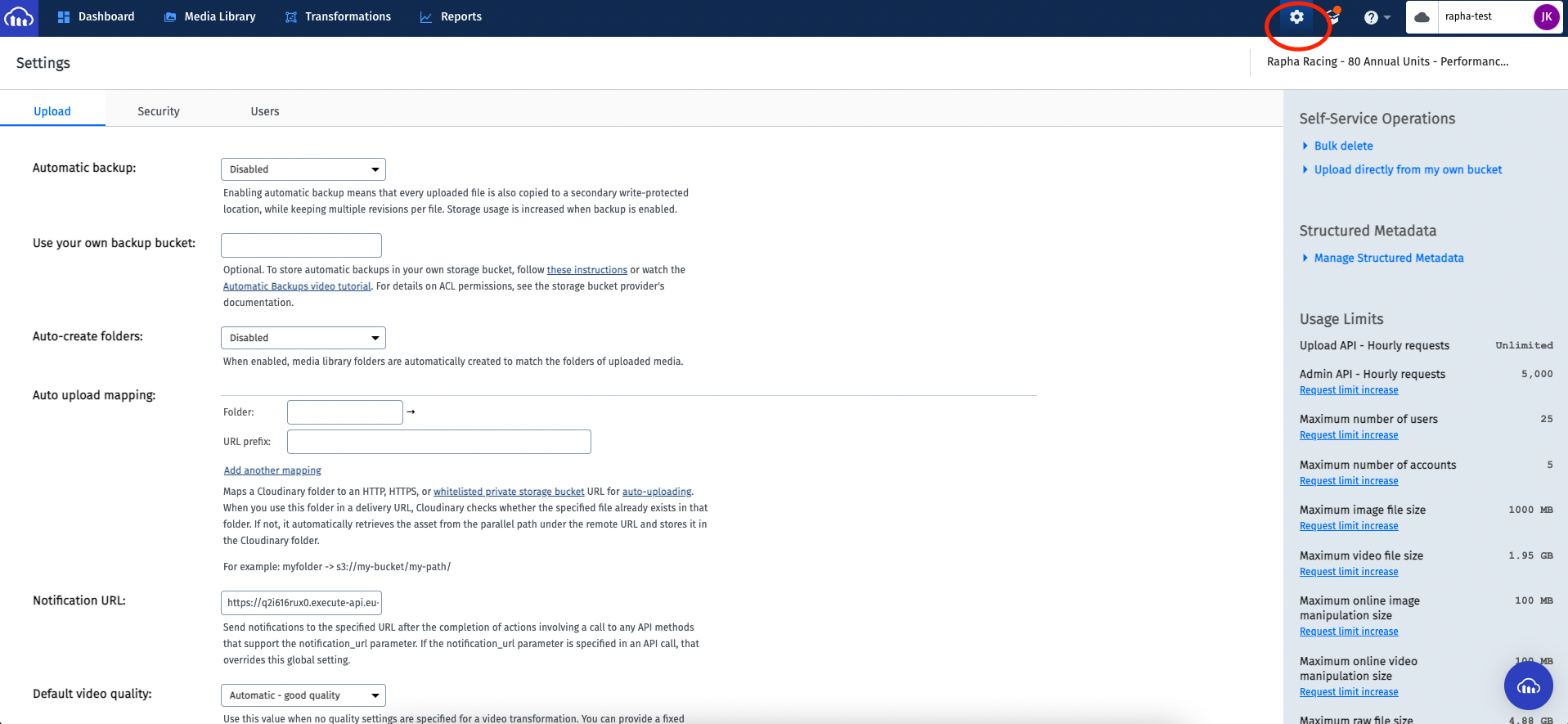 Cloudinary settings UI