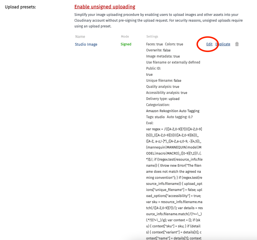 Cloudinary upload presets UI